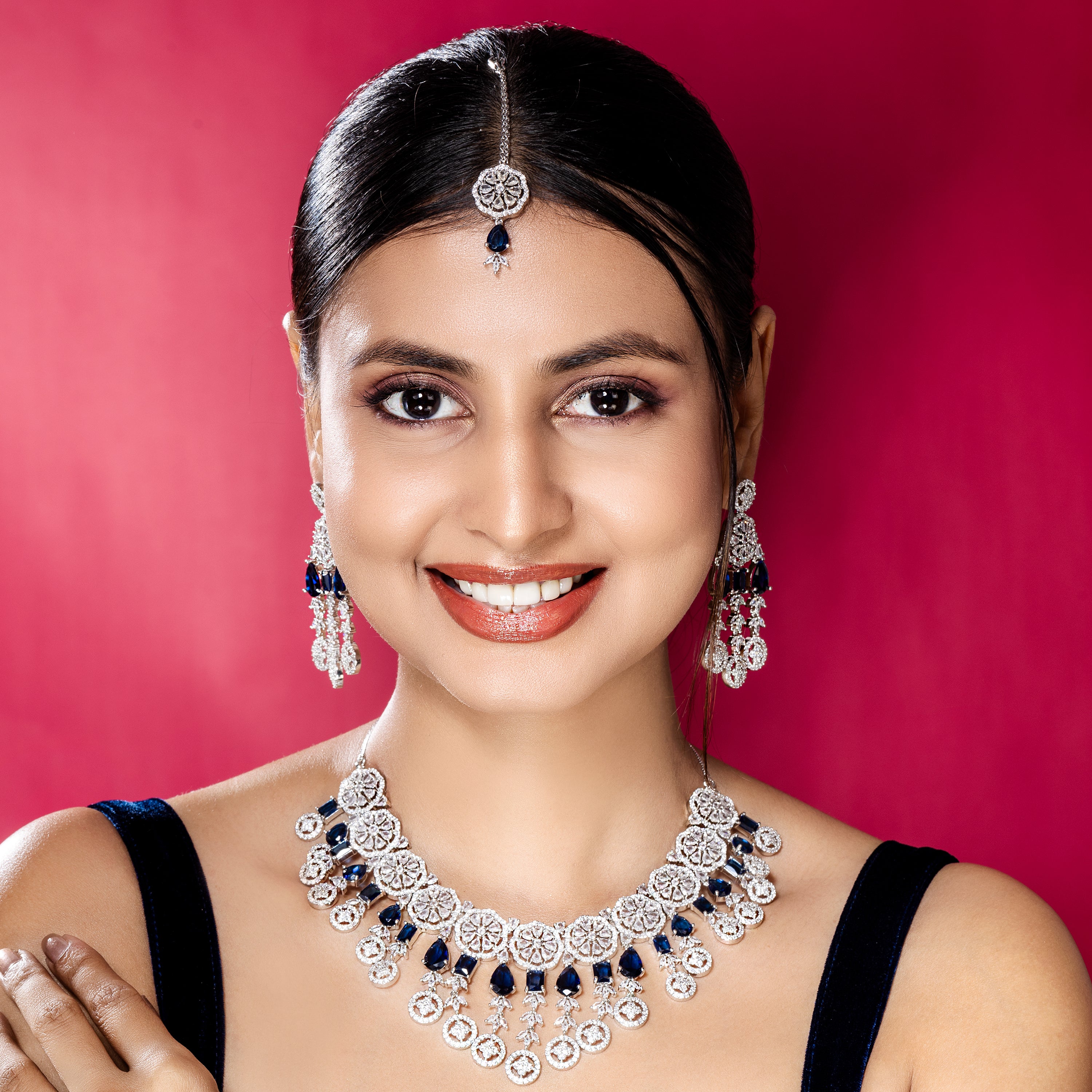 Sapphire Blue American Diamond Necklace Set-Mivanaa